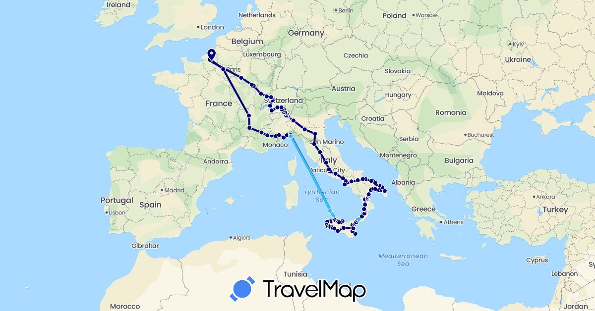 TravelMap itinerary: driving, boat in Switzerland, France, Italy (Europe)